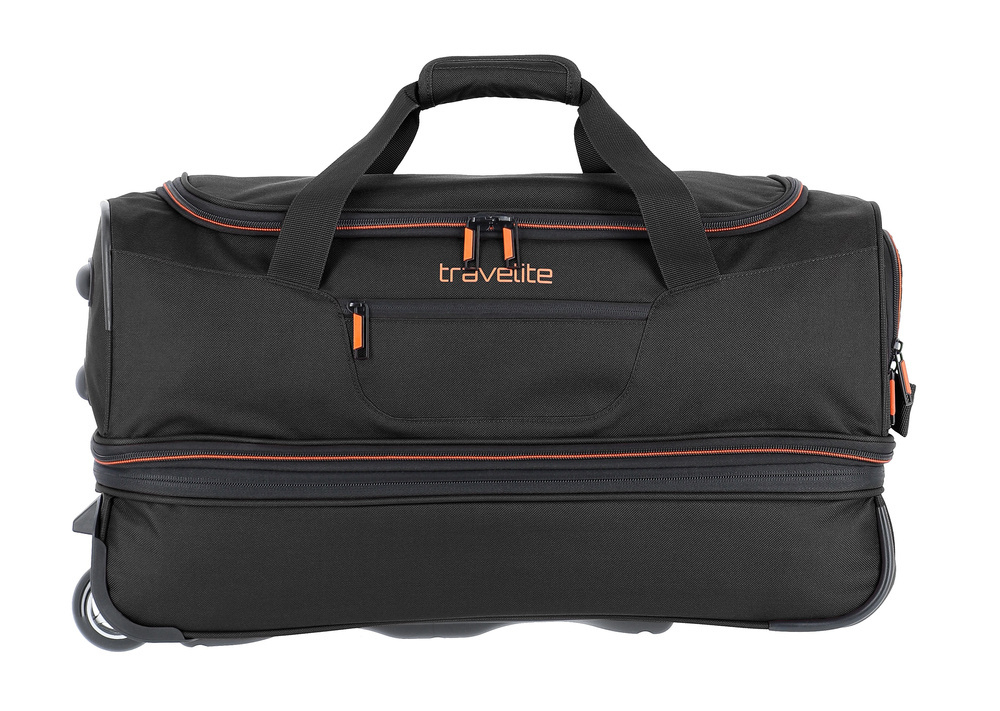 Czarna torba Travelite Basics z przodu, z pomarańczowymi suwakami i kieszenią na zamek pod logo