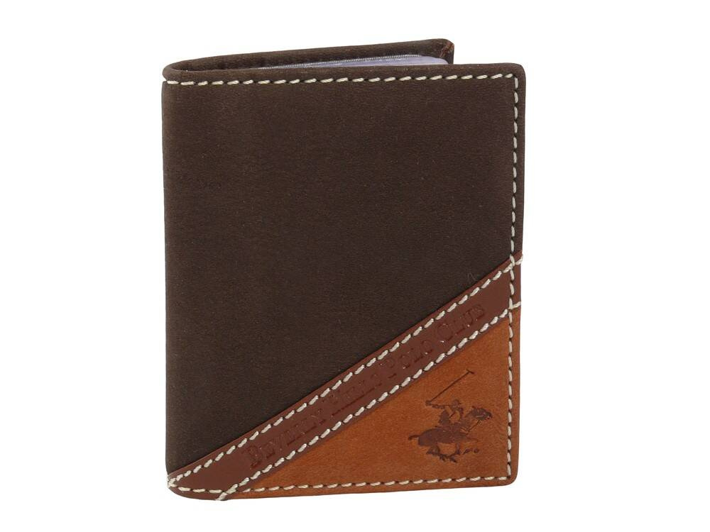 Brązowe etui na karty Beverly Hills Polo Club BH-374 zamknięte, z ukośnym pasem i koniakowym narożnikiem z logo