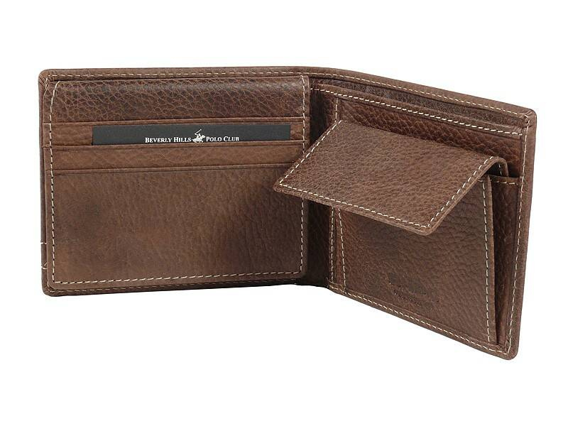 Klasyczny brązowy skórzany portfel męski - Beverly Hills Polo Club BH-393 MO - ergonomiczna forma