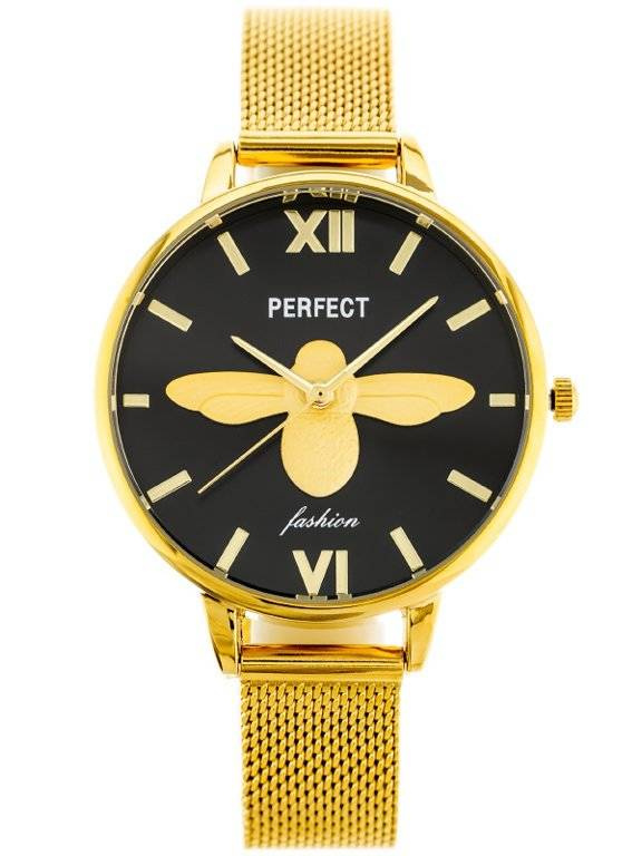 Zegarek damski fashion Perfect S638 złoty z tarczą czarną - zegarek z przodu na białym tle