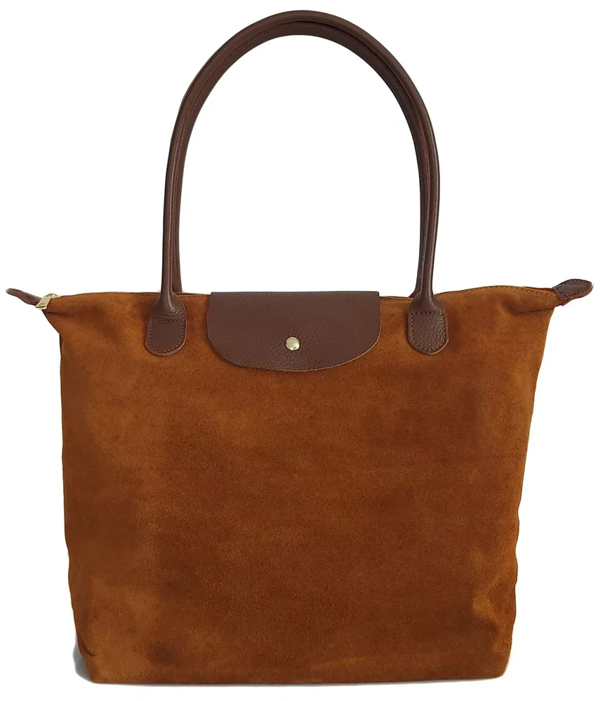 Torebka damska Vera Pelle VKA41CM camel z dwiema długimi brązowymi rączkami i klapką na napę