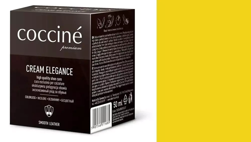 Krem do skóry gładkiej Coccine żółty - kartonik Coccine Cream Elegance 50 ml i próbnik koloru w odcieniu żółtym