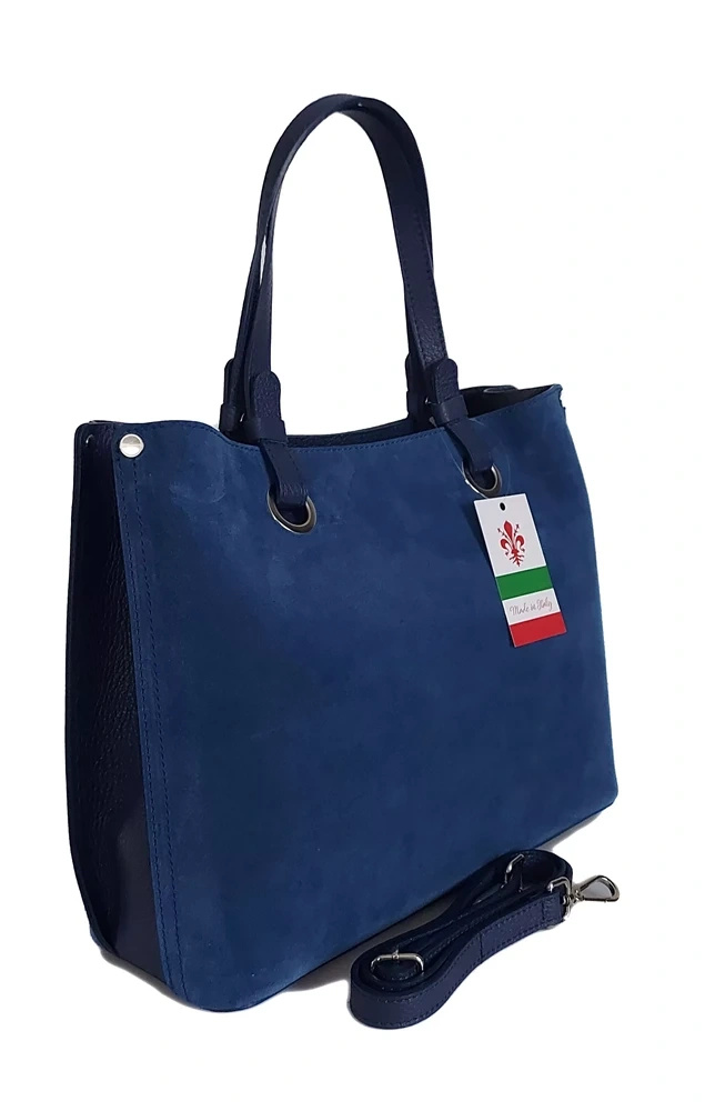 Torebka skórzana zamszowa damska Vera Pelle VOM33BJ shopper bag A4 niebieska - ergonomiczne uchwyty i wygoda noszenia