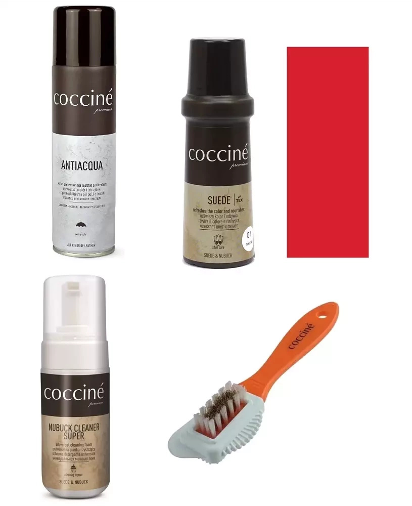 Zestaw do zamszu i nubuku Coccine czerwony - zestaw: impregnat Antiacqua, renowator Suede, pianka Nubuck Cleaner