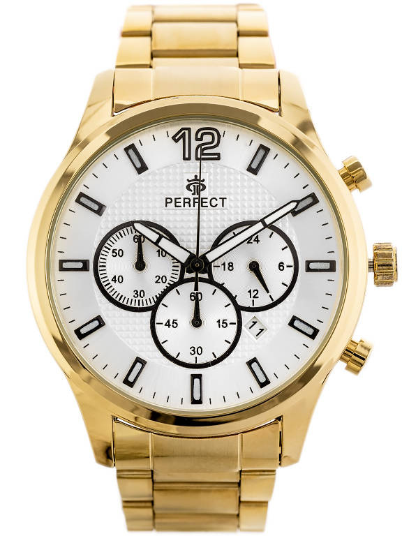 Złoty zegarek męski Perfect CH01M-05 - zegarek z przodu na białym tle, srebrna tarcza