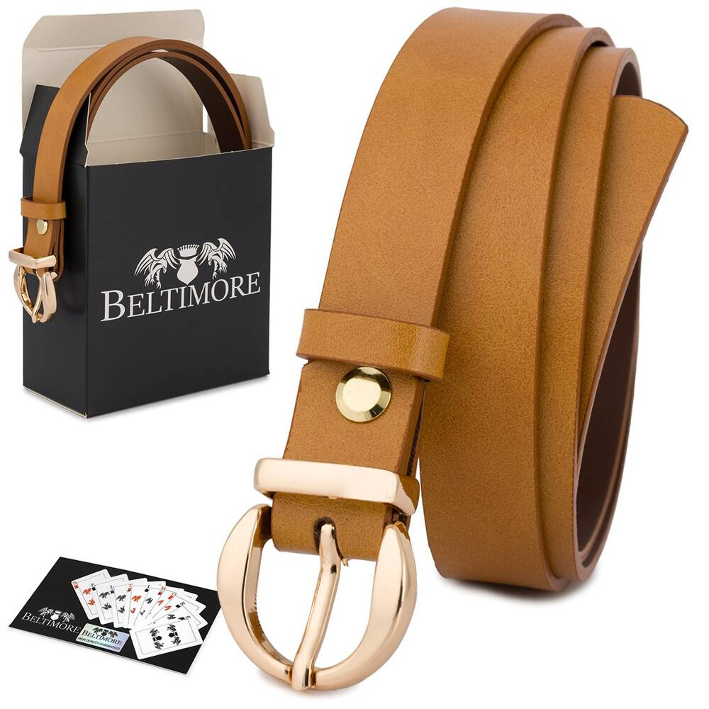 Pasek damski Beltimore O24 95 cm camel, zwinięty, złota klamra, obok pudełko Beltimore i karta