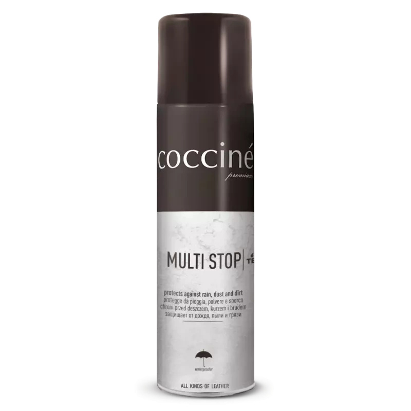Spray do skóry i tekstyliów Coccine - puszka z przodu, etykieta Multi Stop protects against rain, dust and dirt