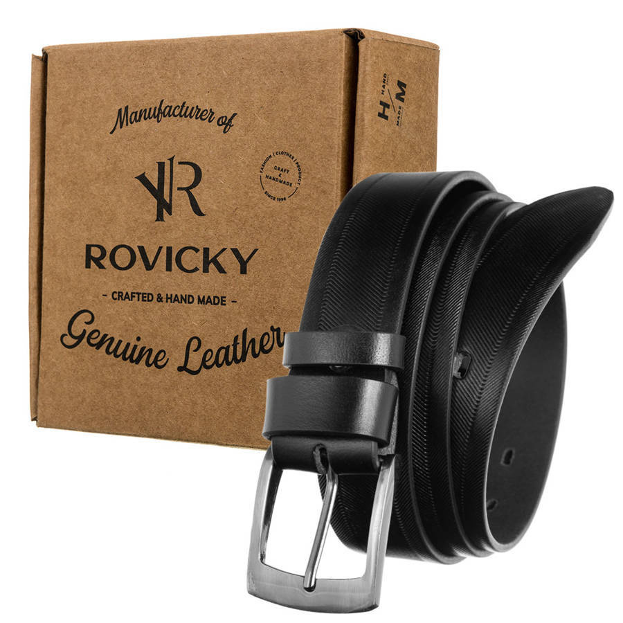 Czarny pasek Rovicky PRS-01-G przy firmowym pudełku