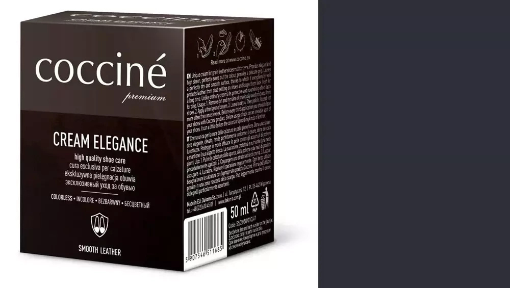 Krem do skóry gładkiej Coccine grafitowy - kartonik Coccine Cream Elegance 50 ml i próbnik koloru w odcieniu