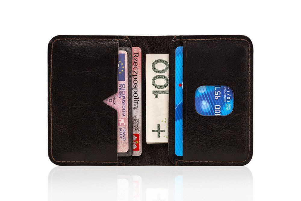 Ciemnobrązowy portfel męski Solier SW11 ze skóry naturalnej otwarty, z kartami i banknotem w kieszeniach po obu stronach