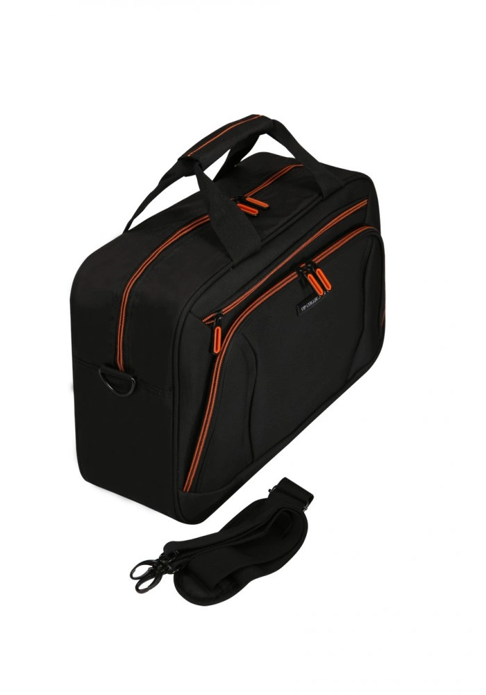 Czarno-pomarańczowa torba na laptopa do pracy Vip Collection TF30/16, widziana pod kątem, z paskiem na ramię obok