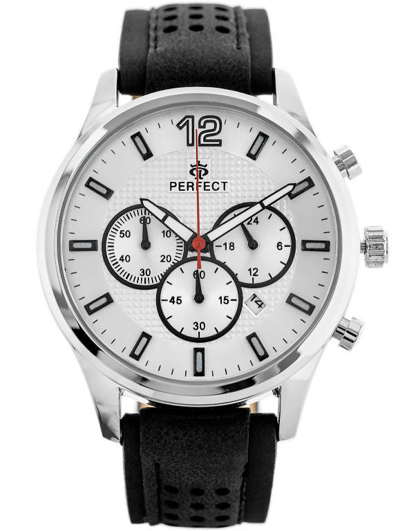 Czarno-srebrny zegarek męski Perfect CH01L-03 - zegarek z przodu na białym tle, srebrna tarcza