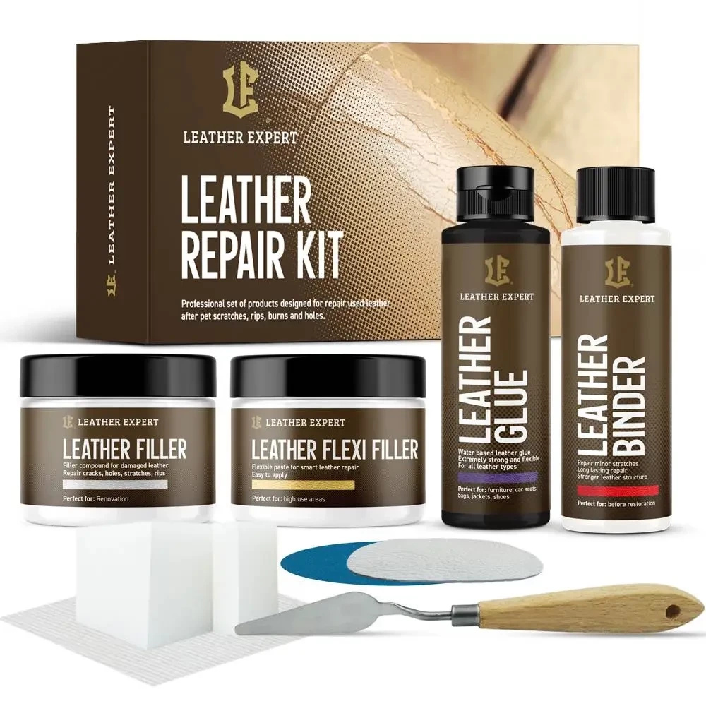 Zestaw do renowacji do skóry Leather Expert - pudełko Leather Repair Kit z całą zawartością: dwie butelki, dwa słoiki, gąbki