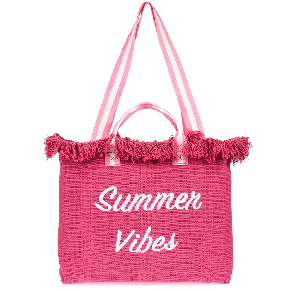 Torba damska Krateczka TOR-K-2 fuksja, z frędzlami i haftem Summer Vibes, uchwyty w różowe paski, przód