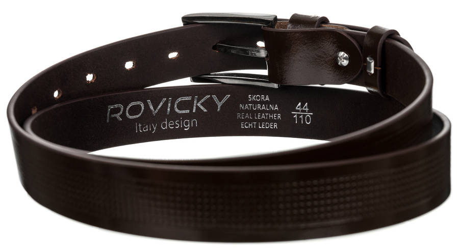 Wewnętrzna strona ciemnobrązowego paska Rovicky PLW-R-14 z tłoczeniem marki