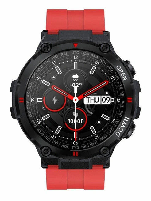 Czerwony smartwatch męski Gravity GT7-5 - smartwatch z przodu, czarna koperta i czerwony pasek