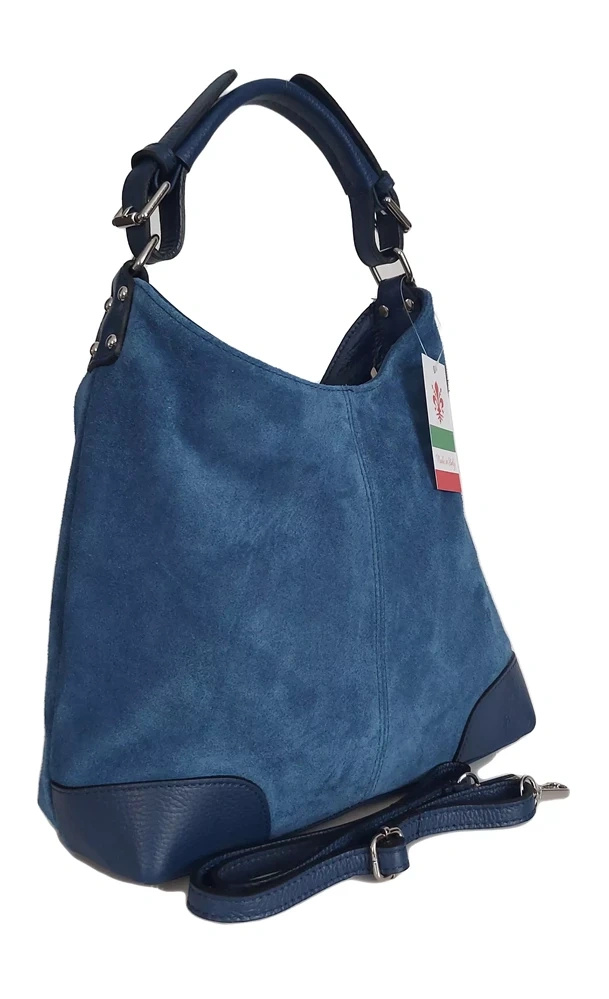 Torebka skórzana damska Vera Pelle VORX33BJ worek shopper A4 niebieska - detal wykonania i skóra naturalna