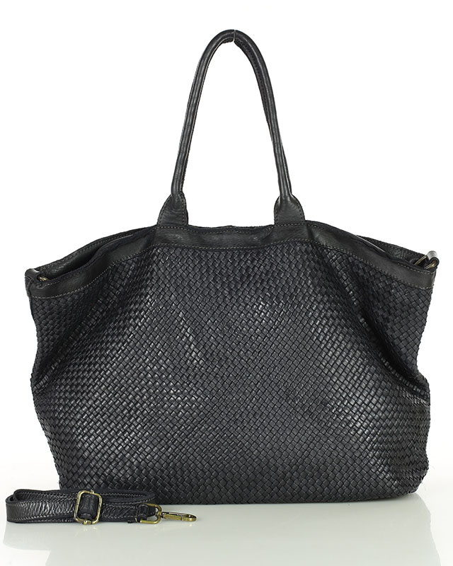 Czarna shopper bag z plecionej skóry MARCO MAZZINI – widok ogólny