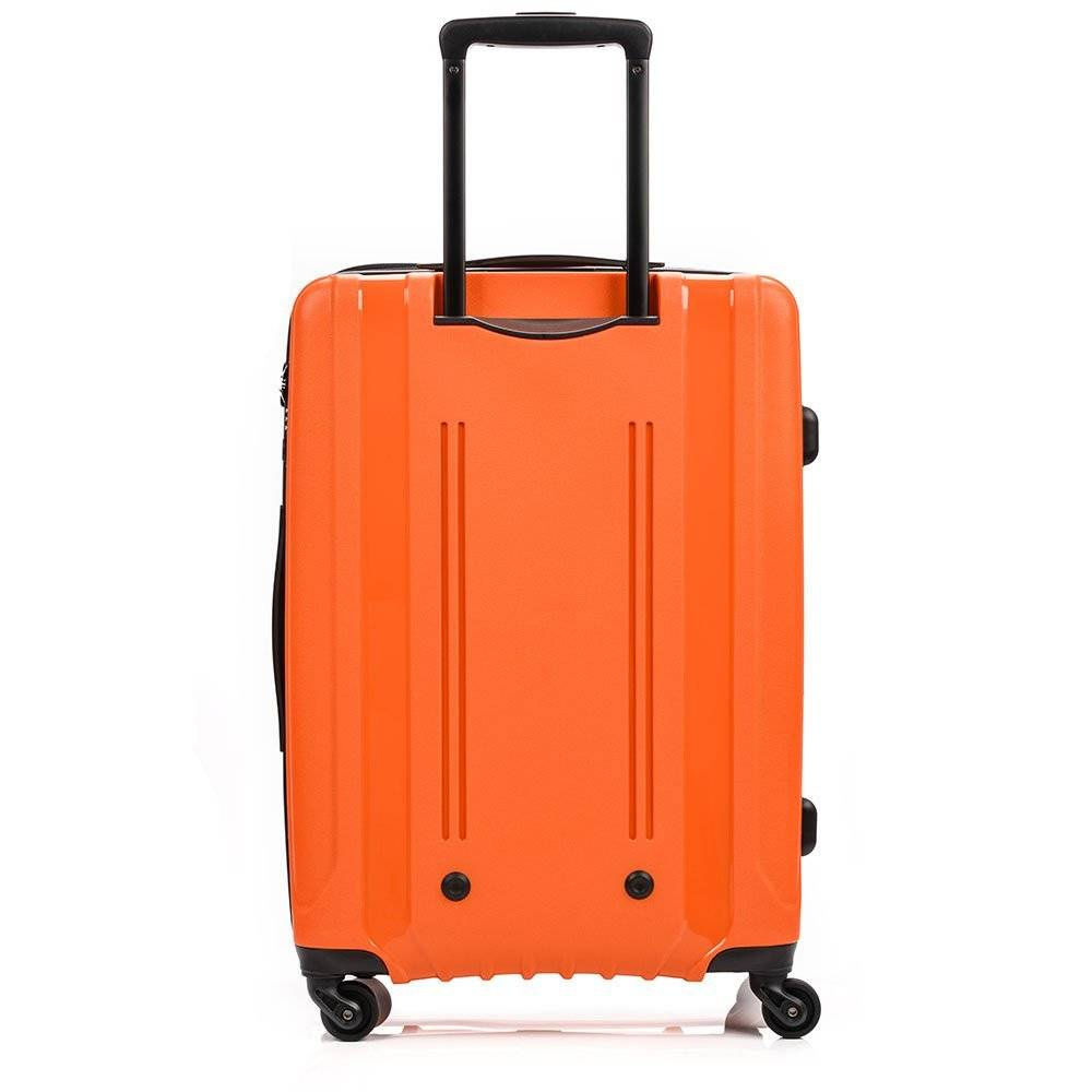 Pomarańczowa walizka SwissBags Tourist 65 od tyłu, z wysuniętym uchwytem teleskopowym