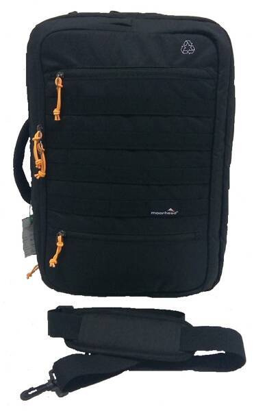 Czarny plecak MOORHEAD 3-Way Backpack z przodu, z kieszeniami na zamek i odpiętym paskiem na ramię