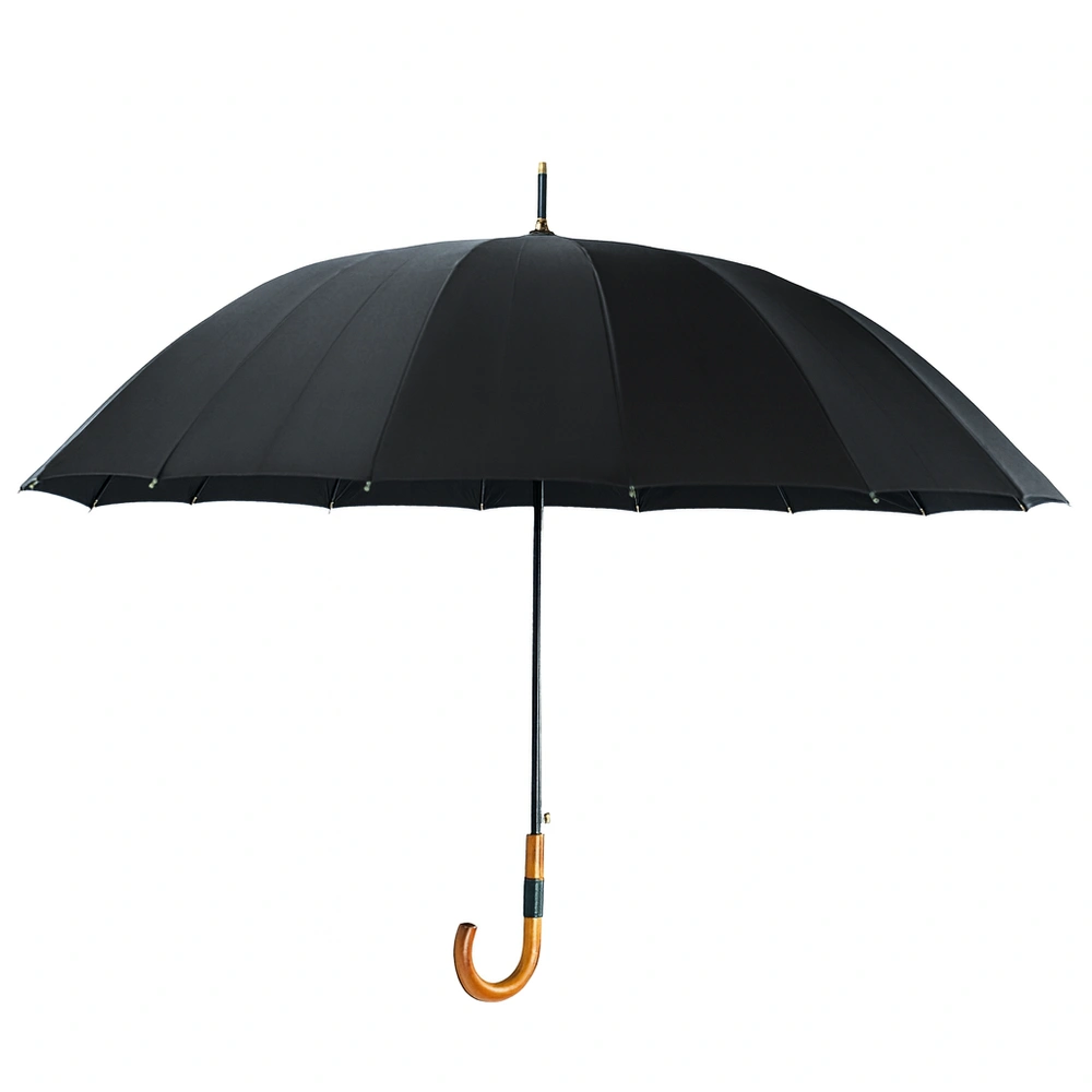 Czarny parasol Solier otwarty, z długim trzonem, zakrzywioną jasnobrązową rączką i szeroką czaszą