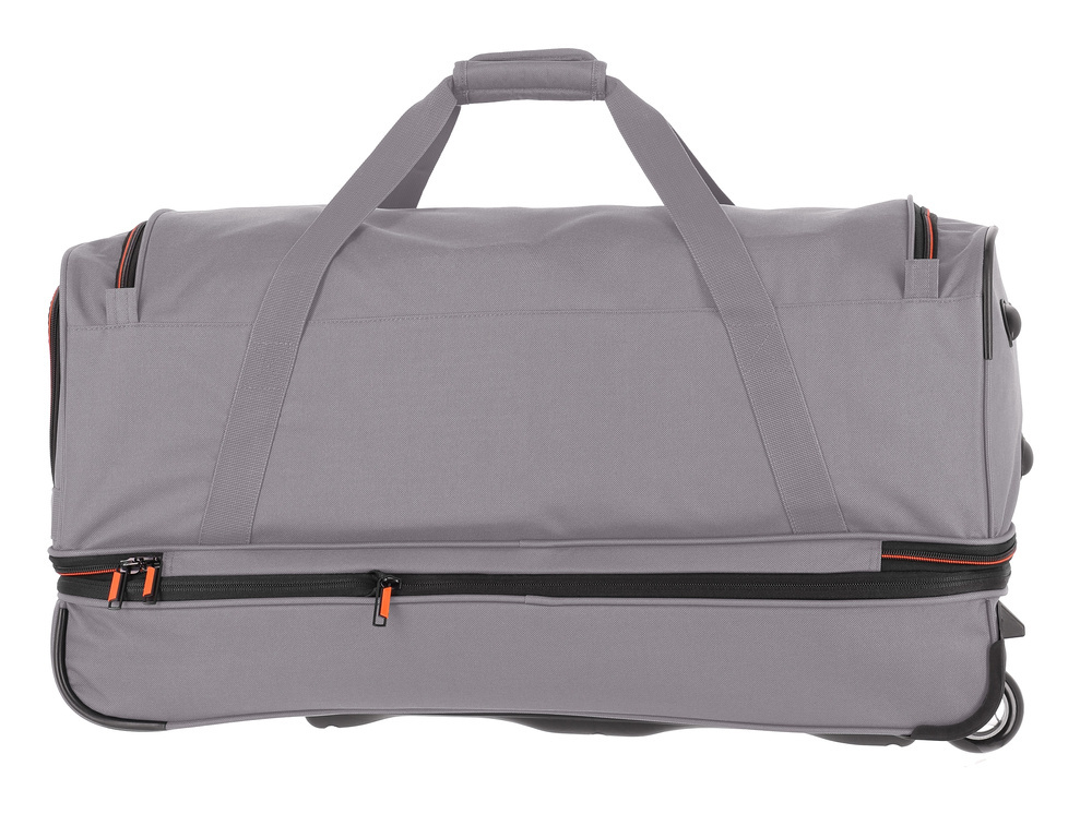 Szara torba Travelite Basics 98 l od tyłu, z dwiema rączkami i pomarańczowymi suwakami w dolnej części