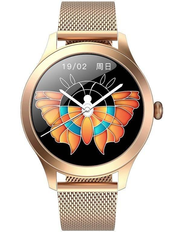 Smartwatch damski G. Rossi SW014-2 w kolorze różowego złota - smartwatch na bransolecie mesh z przodu, tarcza z motylem