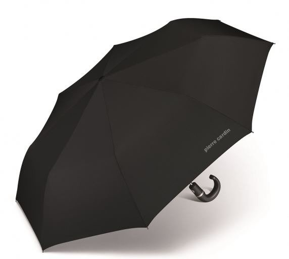Czarny parasol Pierre Cardin Primeur Easymatic rozłożony, z logo Pierre Cardin na czaszy i zakrzywioną rączką