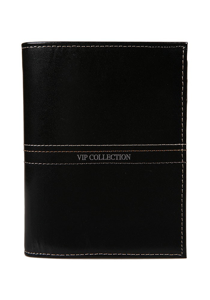 Czarny portfel męski Vip Collection Palermo 59 w pionowym formacie, z jasnym przeszyciem i napisem marki