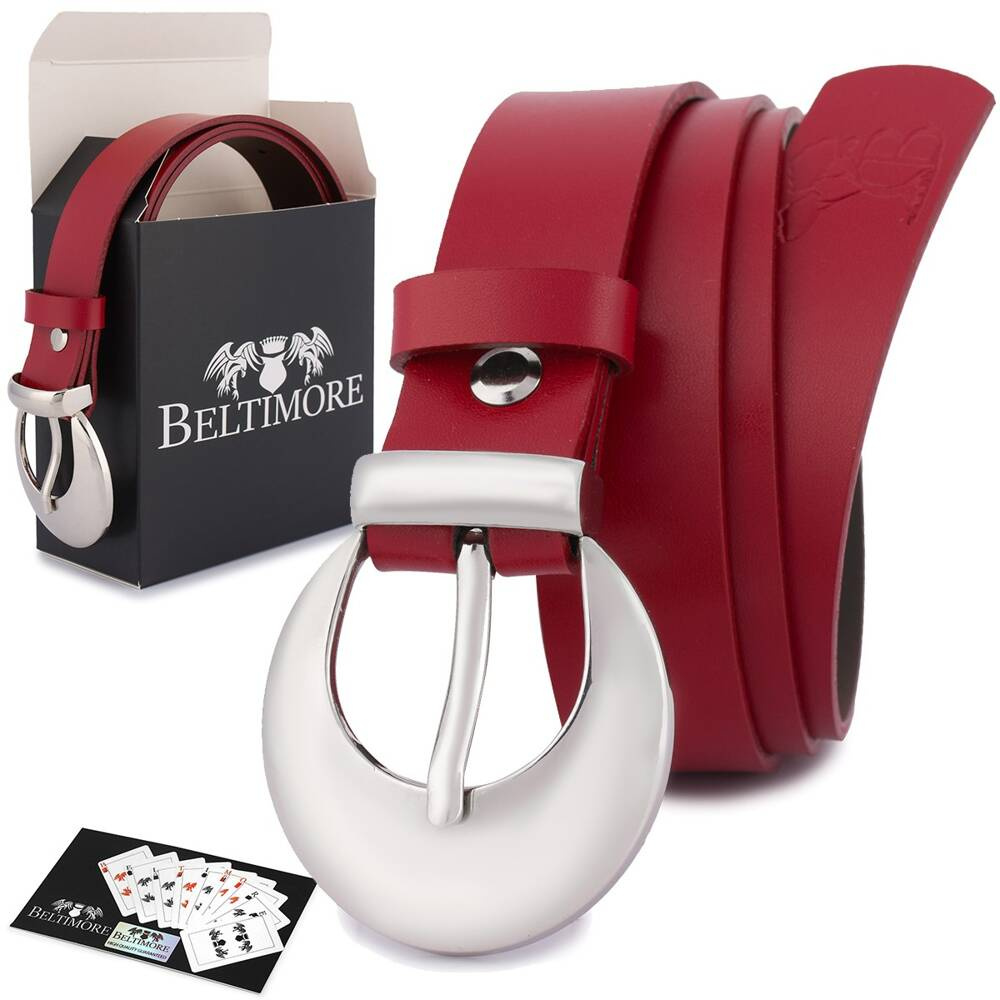 Czerwony pasek damski Beltimore O01 100 cm, zwinięty przy pudełku, ze srebrną klamrą