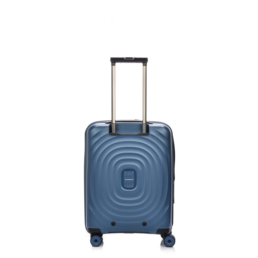 Niebieska walizka SwissBags Echo 55 od tyłu, z wysuniętym uchwytem teleskopowym i tłoczonym wzorem