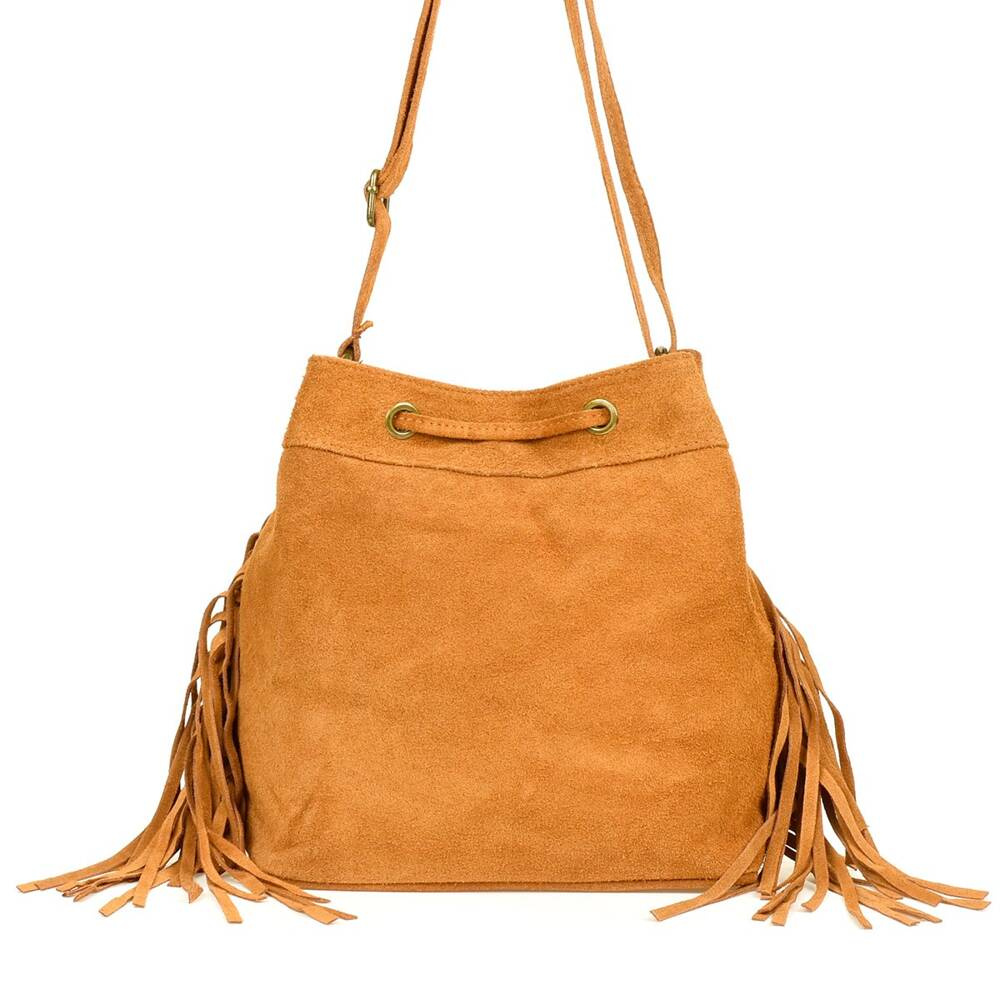 Torebka damska Beltimore W03 camel, przód prosto, oczka ściągacza i frędzle