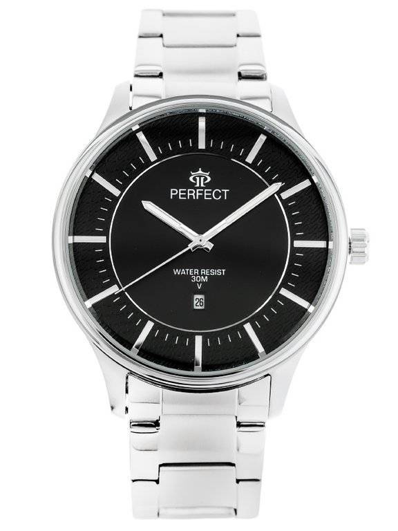Srebrny zegarek męski Perfect M114 - zegarek z przodu na białym tle, czarna tarcza