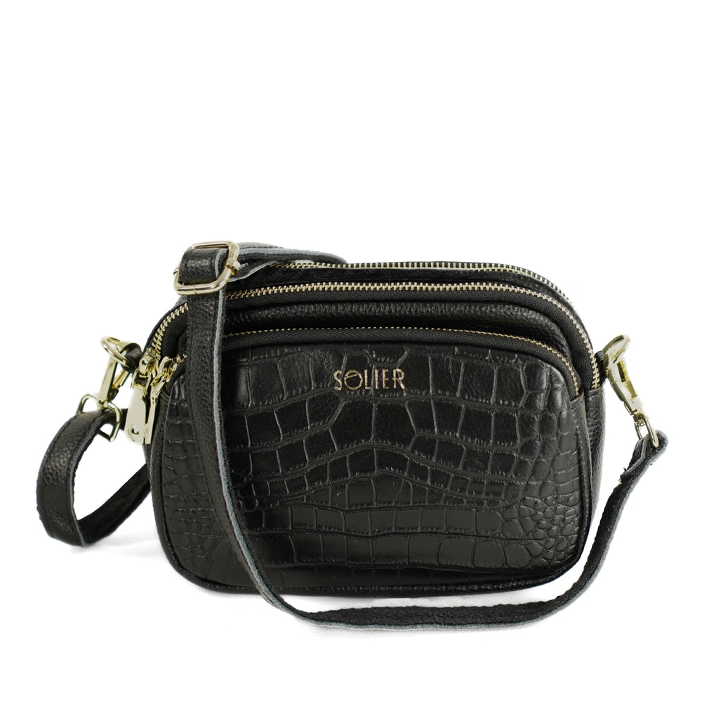 Czarna skórzana torebka damska crossbody Solier FL59 z tłoczeniem w krokodyla, dwoma zamkami i złotymi karabińczykami