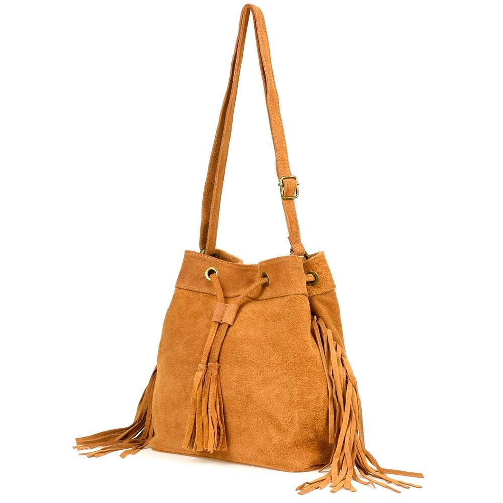 Torebka damska Beltimore W03 camel, przód pod kątem, długi pasek, frędzle po bokach