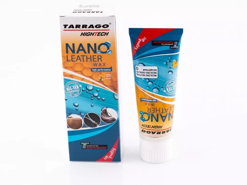 Krem z woskiem do skór gładkich Tarrago bezbarwny - pudełko i tubka Nano Leather Wax z przodu