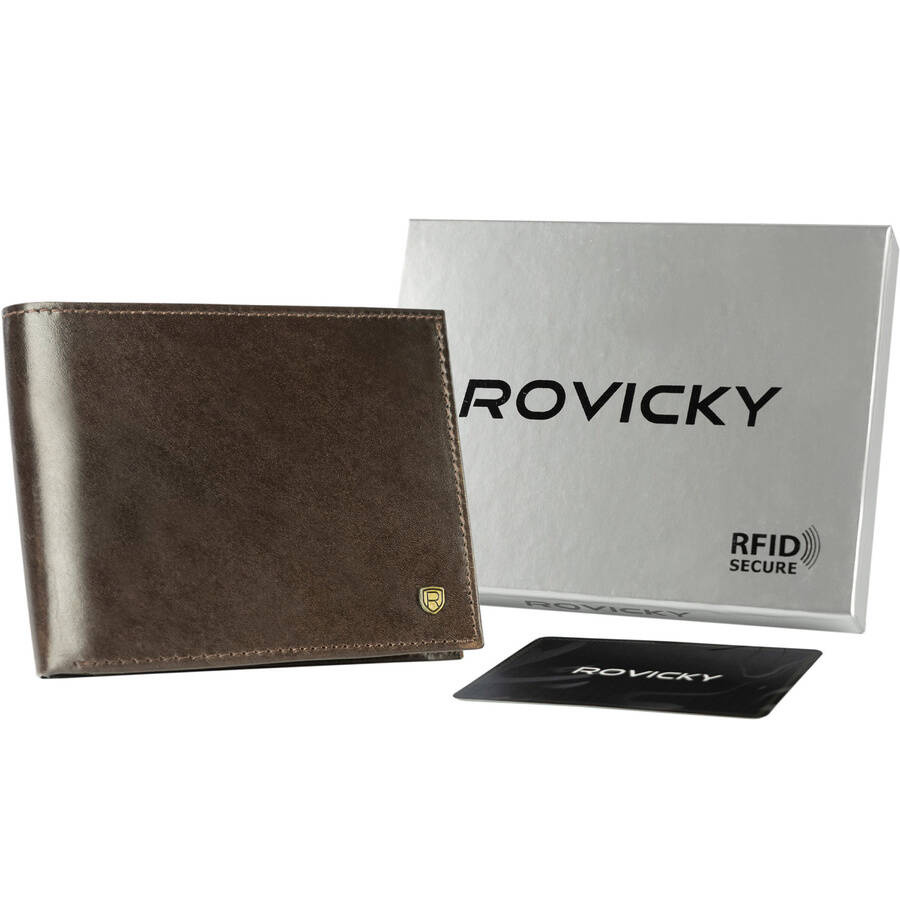 Brązowy poziomy skórzany portfel męski Rovicky N01-RVT z pudełkiem