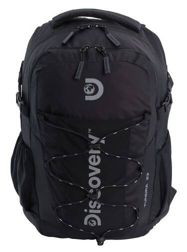 Czarny plecak Discovery Outdoor 612 z przodu, z elastyczną linką ściągającą i napisem Discovery