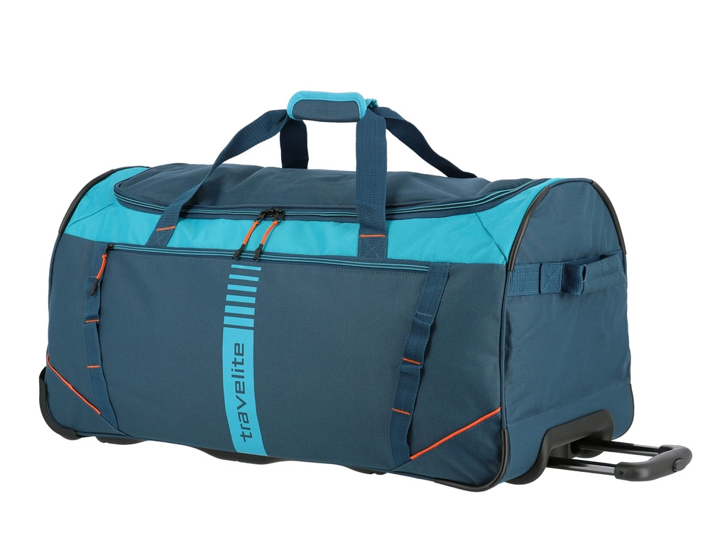 Turkusowa torba Travelite Basics Active z pionowym pasem z logo, pomarańczowymi akcentami i dwiema rączkami u góry