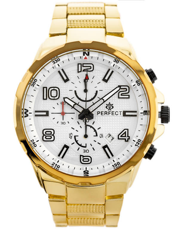 Złoty zegarek męski Perfect CH05M-04 - zegarek z przodu na białym tle, biała tarcza
