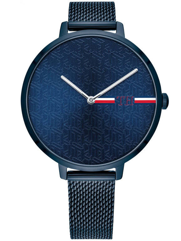 Niebieski zegarek damski Tommy Hilfiger 1782159 - zegarek z przodu na białym tle, granatowa tarcza z wzorem