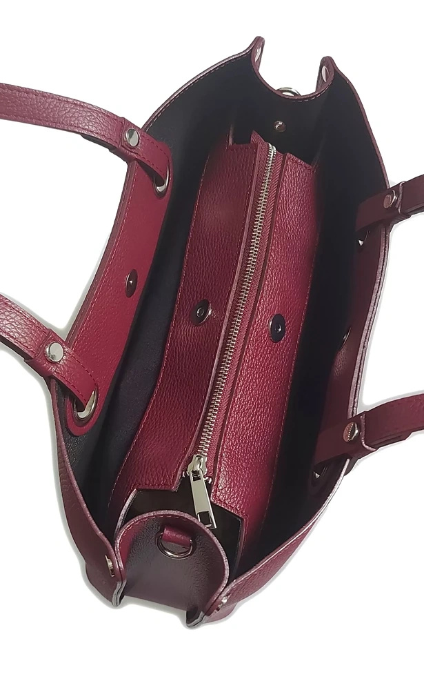 Torebka skórzana damska Vera Pelle VOM65RR shopper bag A4 bordowa - detal skóry i uchwytów