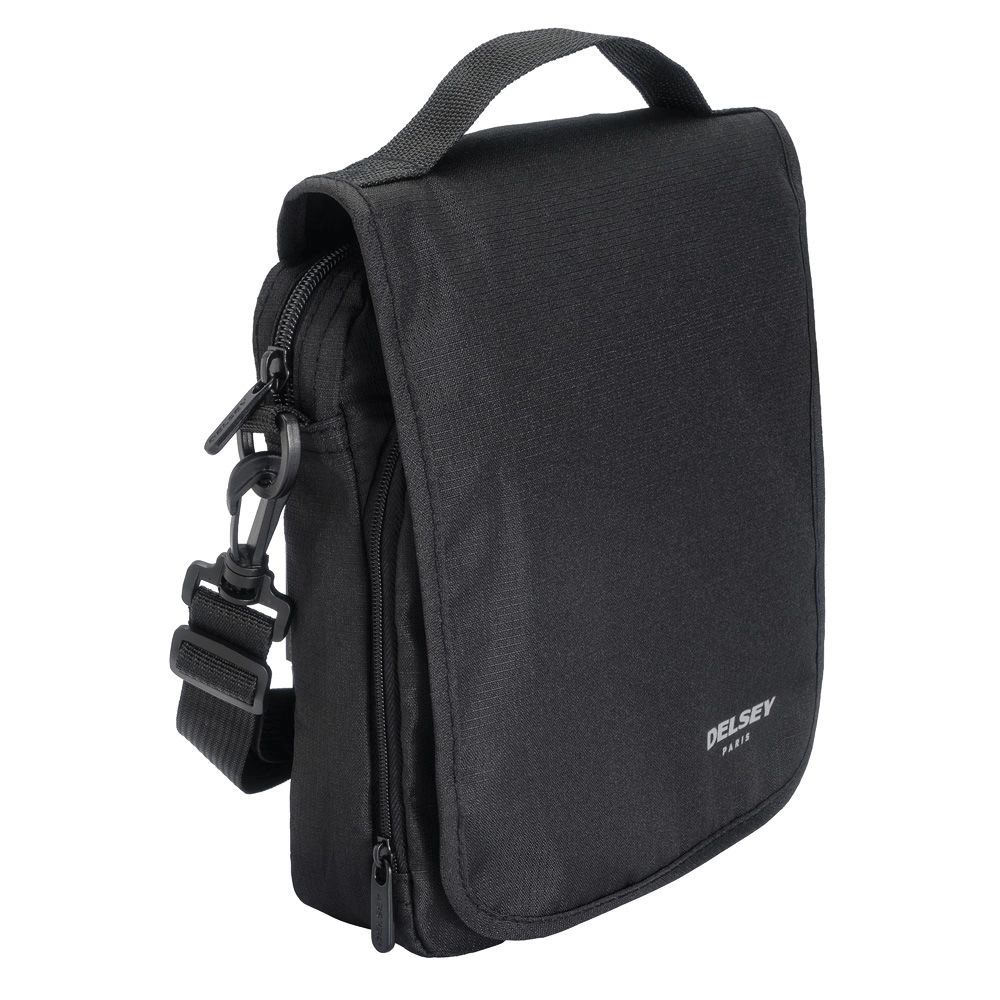 Czarna torba na ramię z poliestru Delsey Travel Accessories z klapą z przodu, uchwytem na górze i paskiem z karabińczykiem
