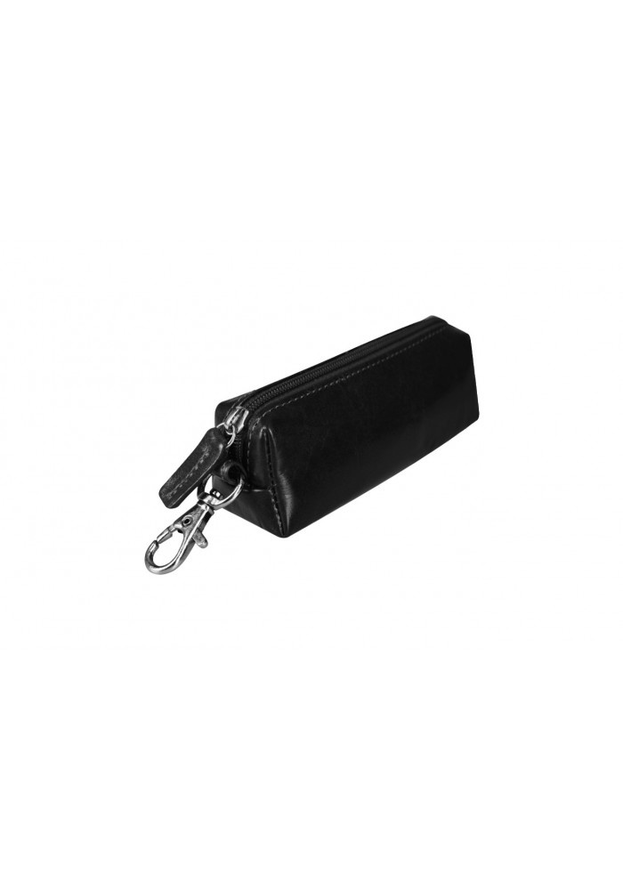 Czarne etui na klucze Vip Collection Milano II 167 ze skóry naturalnej, ułożone pod kątem, z metalowym karabińczykiem