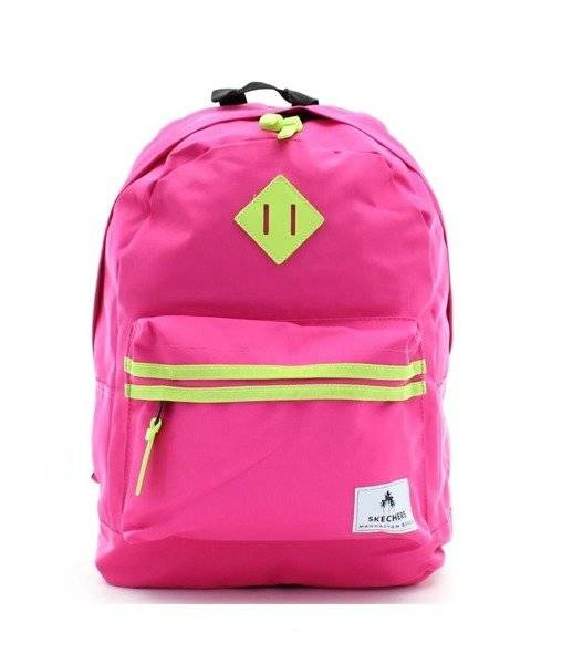 Różowy plecak Skechers Neonsplash z przodu, z neonowymi paskami na kieszeni i naszywką w kształcie rombu