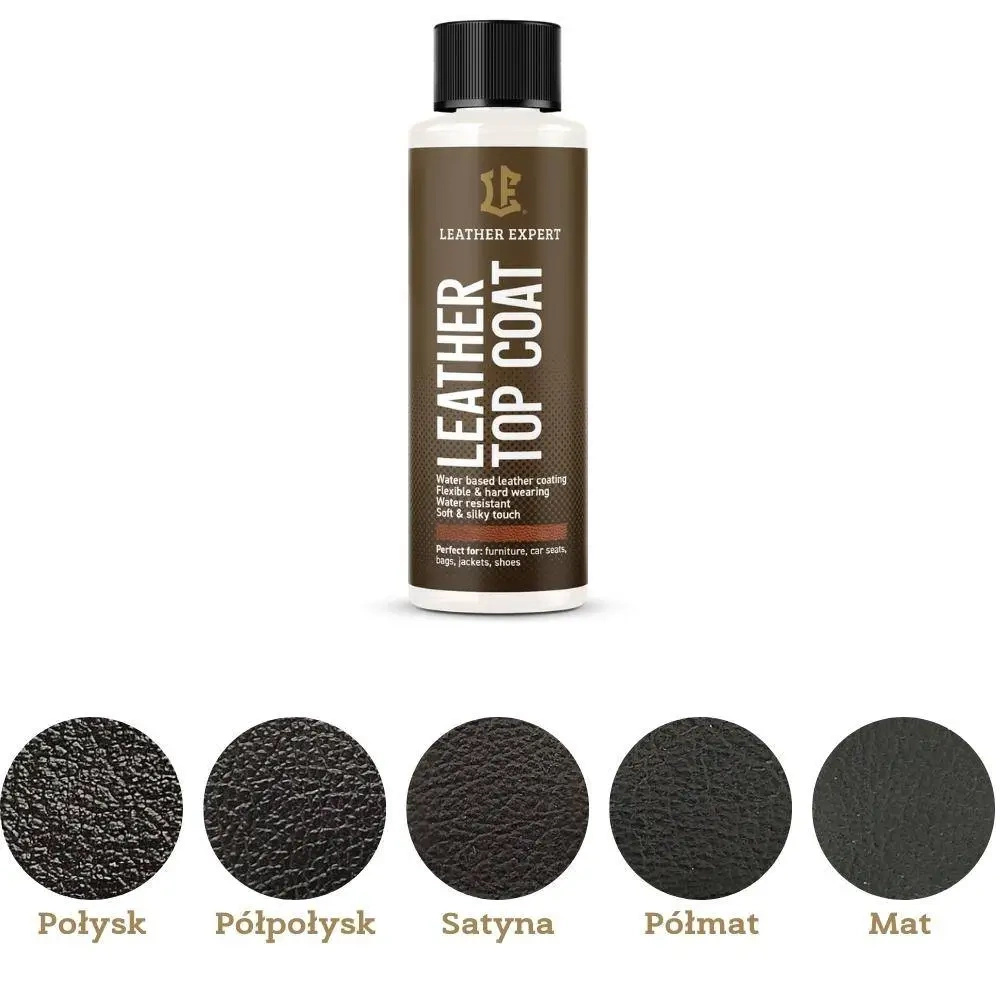 Lakier wykończeniowy do skóry Leather Expert bezbarwny - butelka Leather Top Coat z przodu i próbnik pięciu stopni połysku na skórze