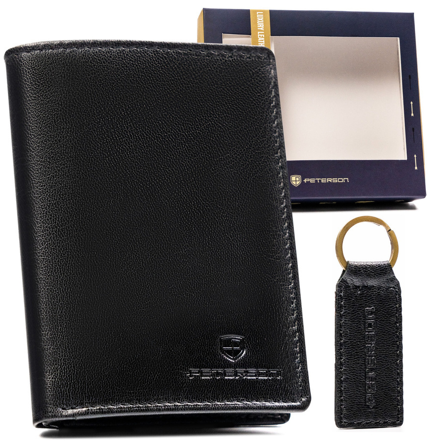 Czarny portfel męski Peterson SET-M-1542-GVT i skórzany brelok
