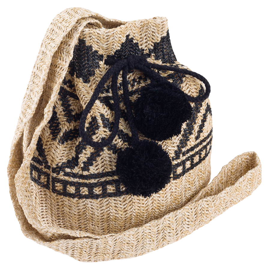 Beżowo-czarna torebka worek 4U Cavaldi BAG-LB-06 z czarnymi pomponami