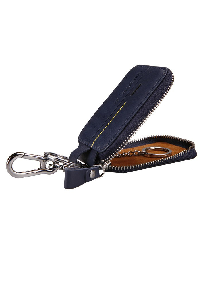 Granatowe etui na klucze Vip Collection Beverly Hills 11 ze skóry naturalnej, otwarte, z kółkiem na klucze w środku