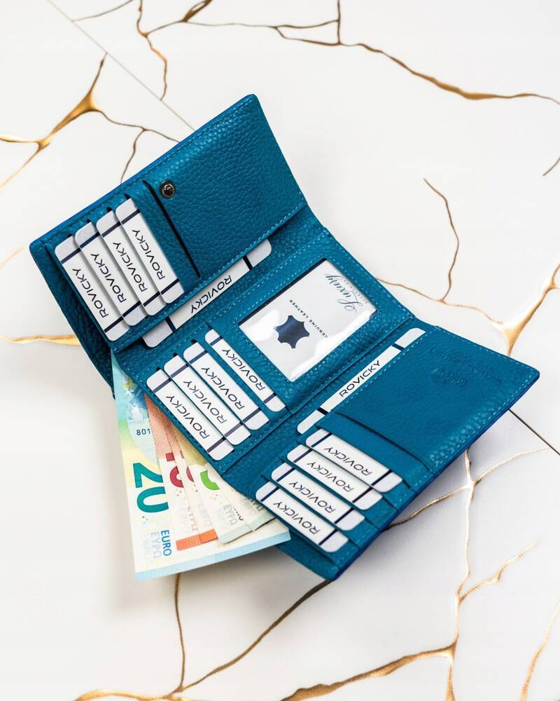 Otwarty niebieski portfel Lorenti 55020-WAV z kartami i banknotami